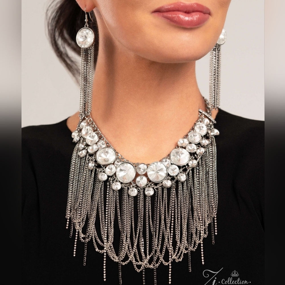 Dazzling Silver Fringe Necklace and Earring Set